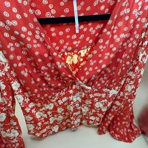 Free People Orange Flower Cotton Textured Button Front Crop Top Women Sz M